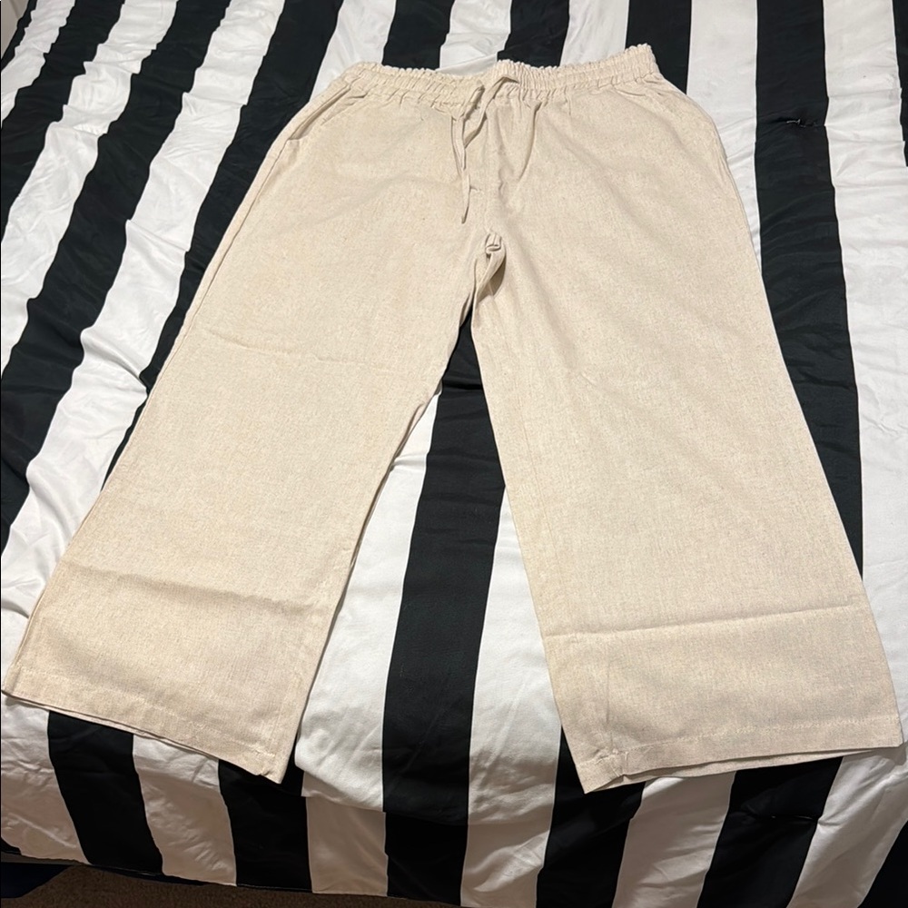 Beige Wide-Leg Cropped Linen Pants